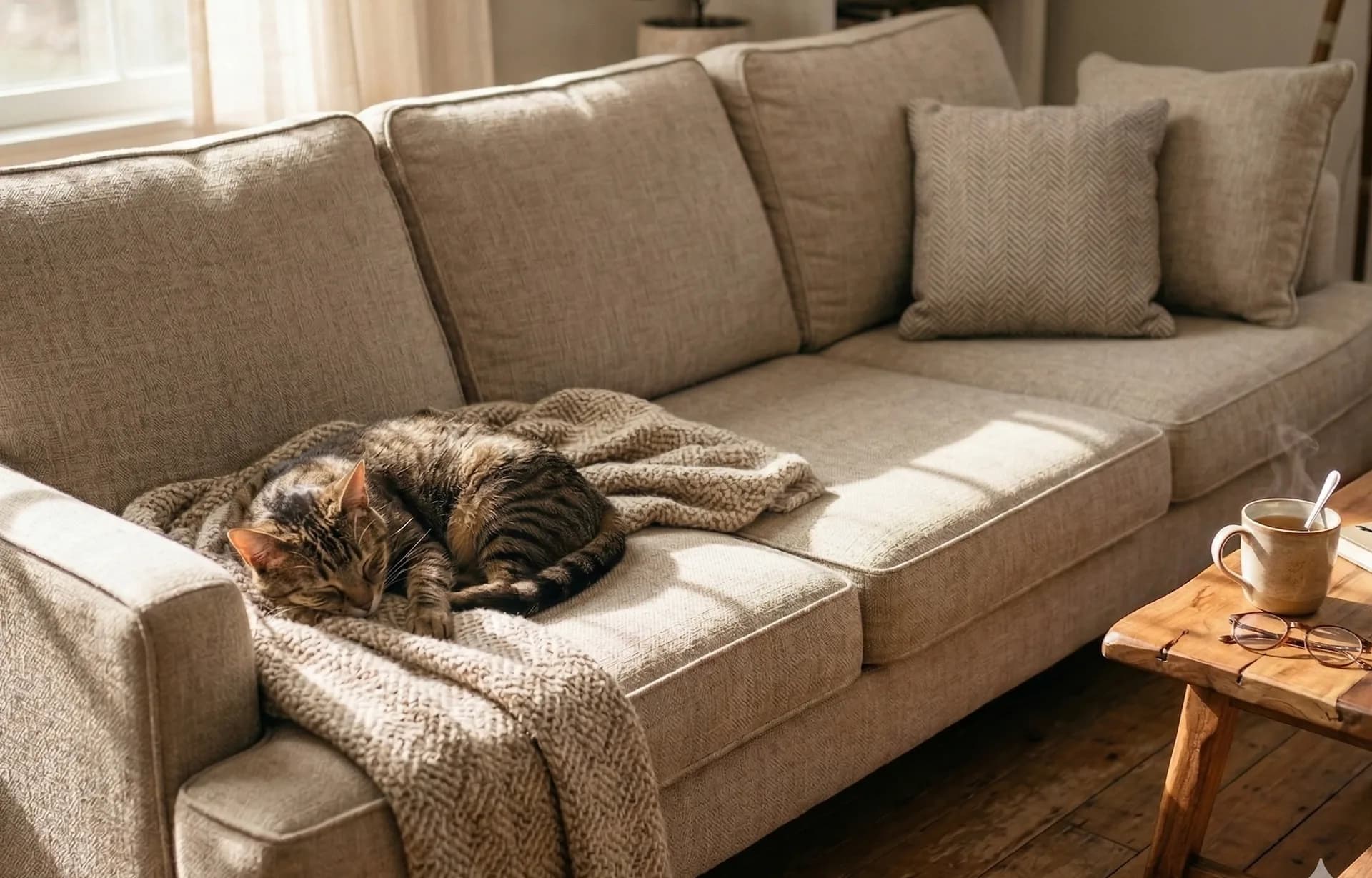 Sleeping cat on a couch at home — calm, attentive in-home care
