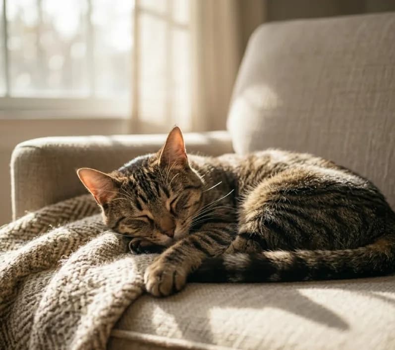 Sleeping cat at home — calm, comfortable care